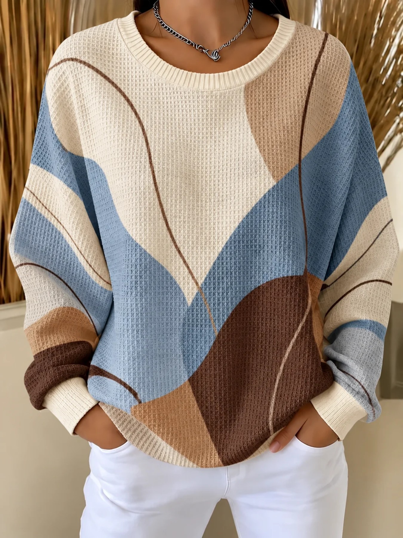 Landscape Line Print Crewneck Long Sleeve Pullover Sweatshirt