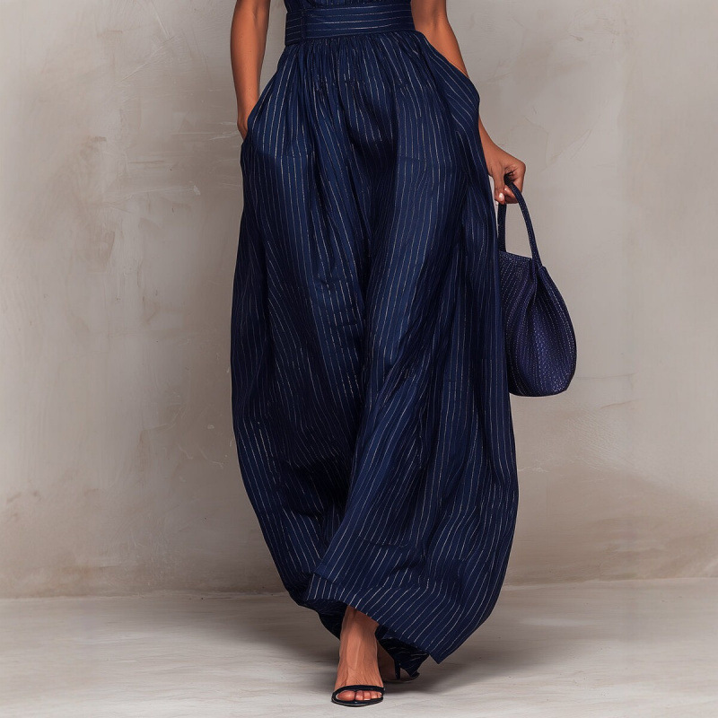 Navy Striped Sleeveless Wide-Leg Jumpsuit with Waist Cinch