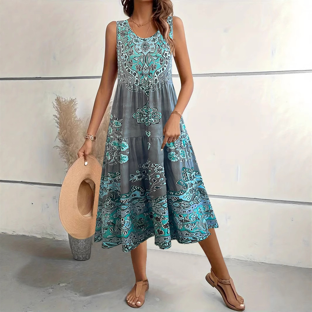 Floral Print Sleeveless U-Neck Midi Dress