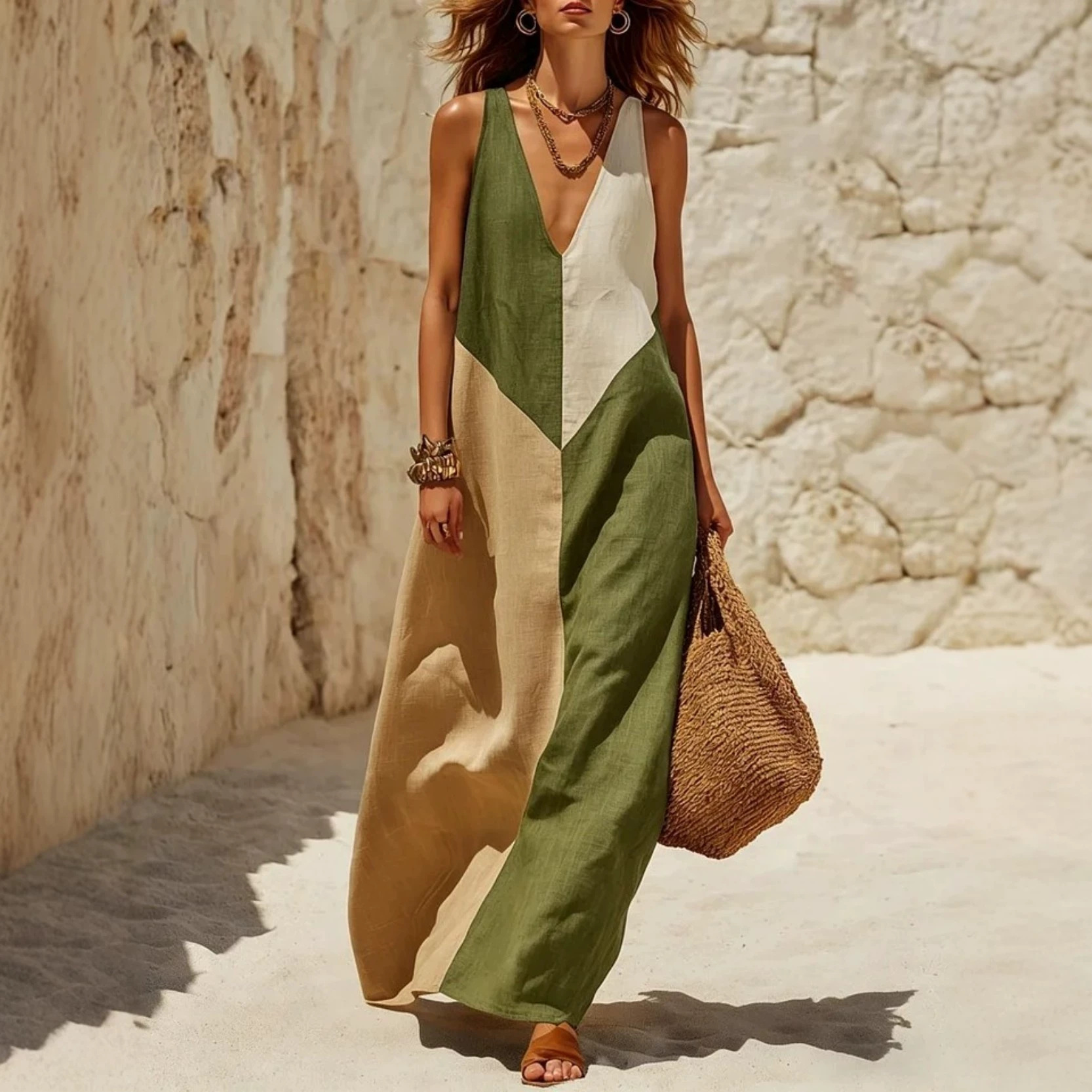 Women's Loose Sleeveless V-Neck Colorblock Maxi Dress