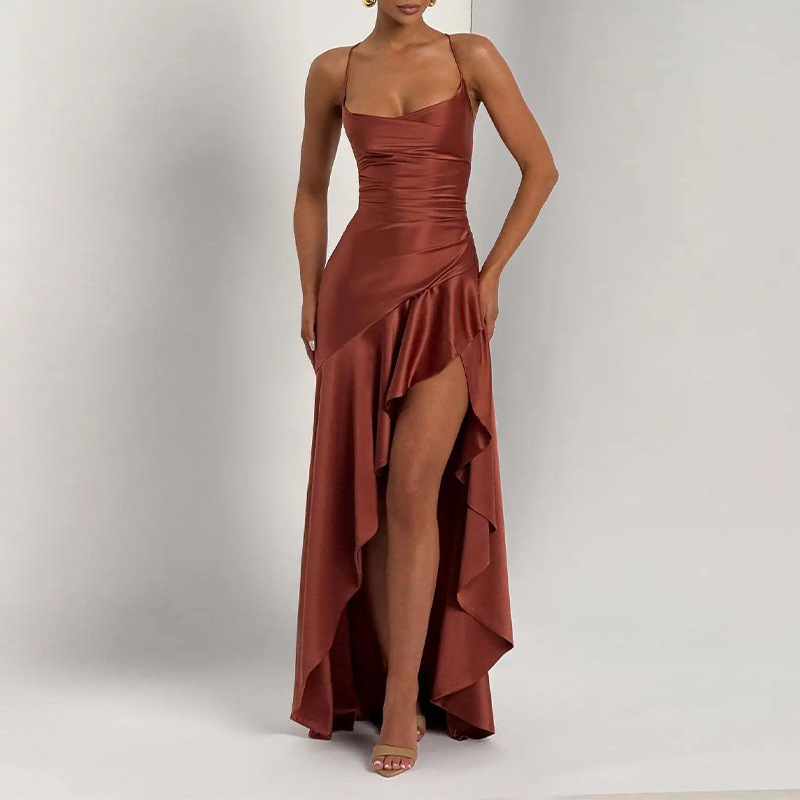 Elegant Solid Color Ruffle Trim Asymmetrical Evening Dress