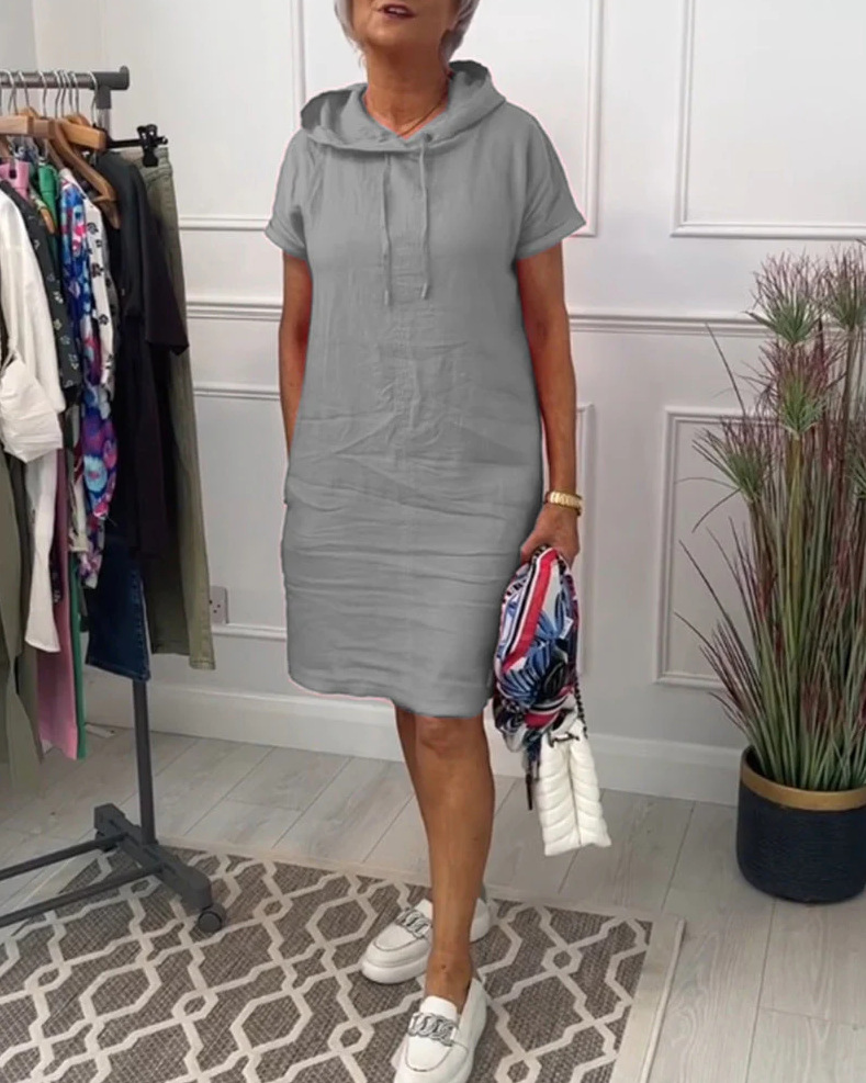Women's Casual Solid Short Sleeve Hooded Pocket Dress