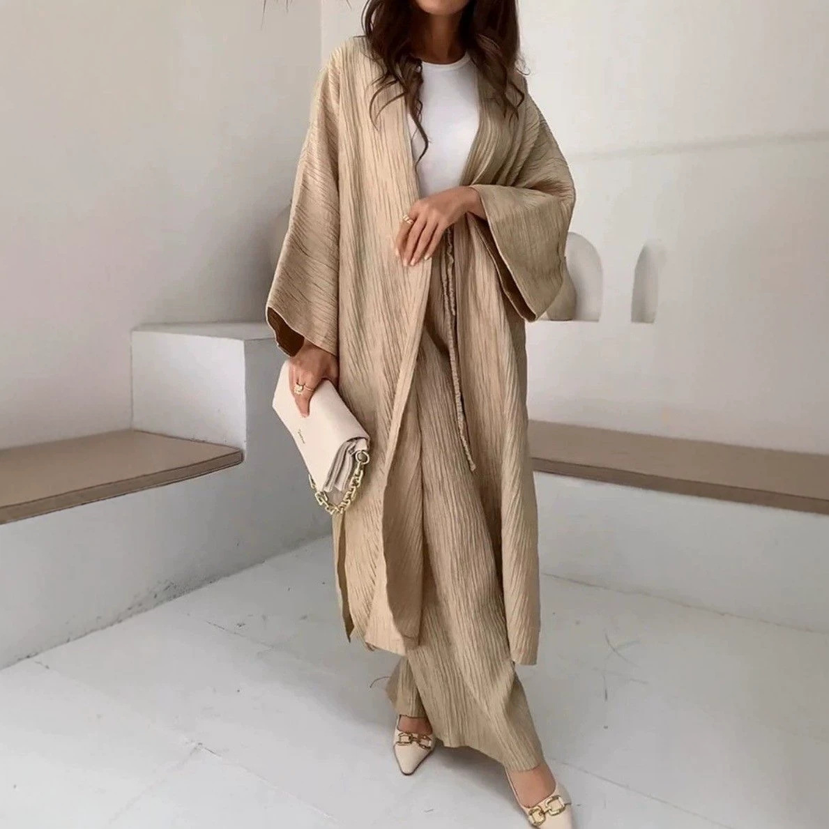Minimalist Crinkle Textured Two-Piece Set with Long Kimono Sleeve Cardigan and High-Waist Wide-Leg Pants