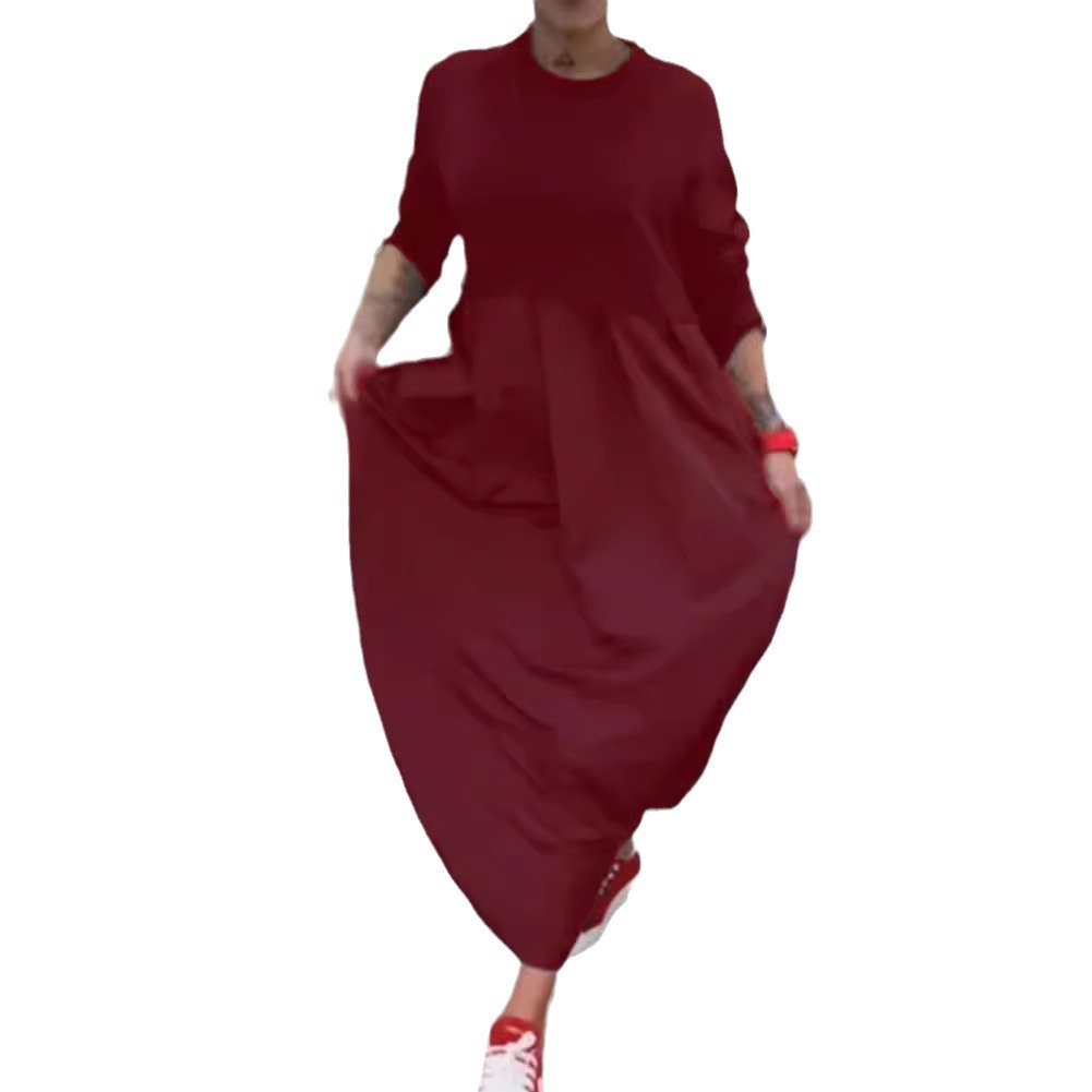 Women's Solid Crewneck Long Sleeve Maxi Dress