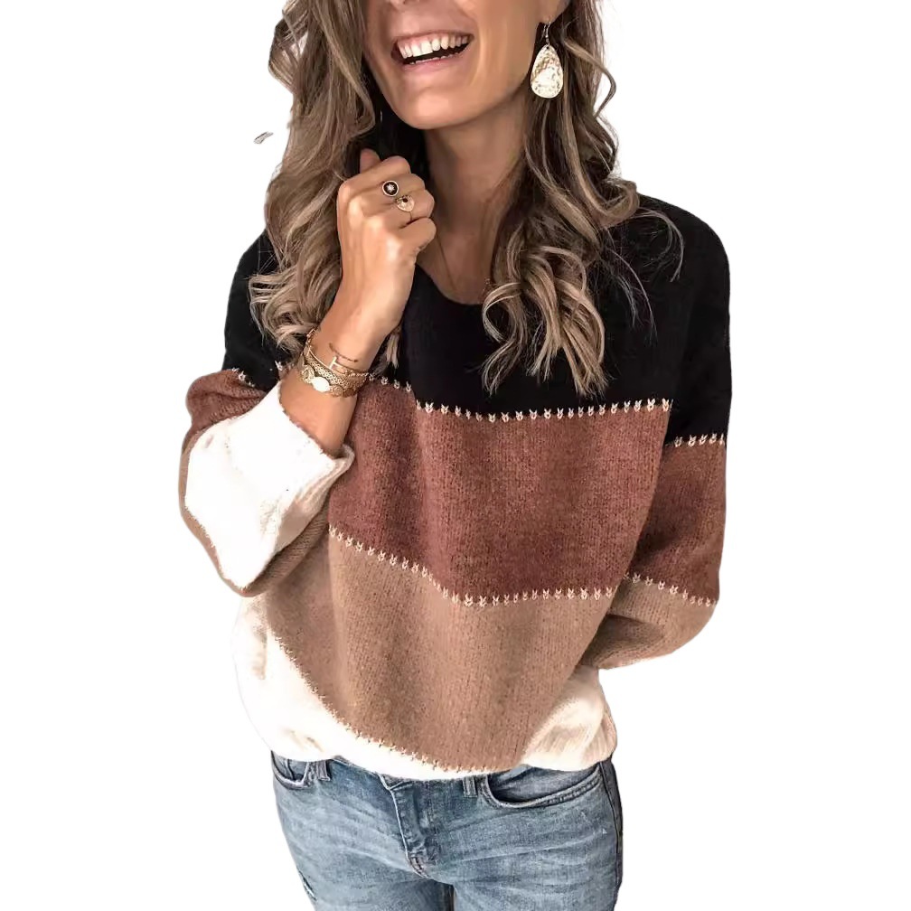 Women's Color-Block Crewneck Midi Loose Knit Sweater