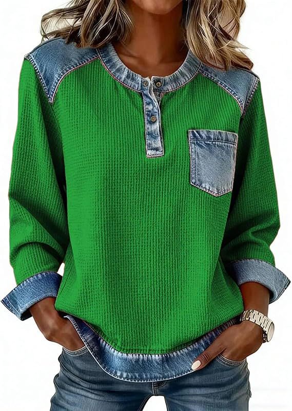 Faux Denim Patchwork Button Pocket Long Sleeve Crewneck Top