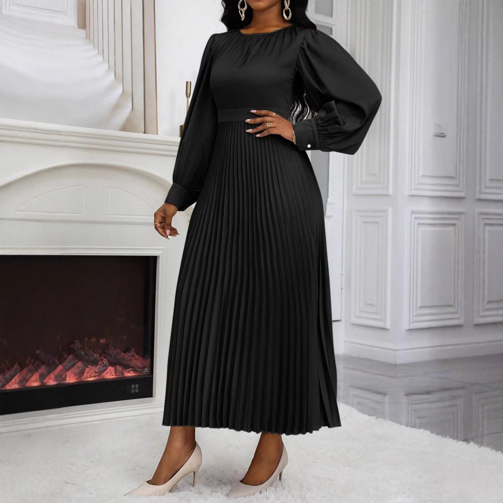 Women's Pleated Long Sleeve Loose Waist Dress