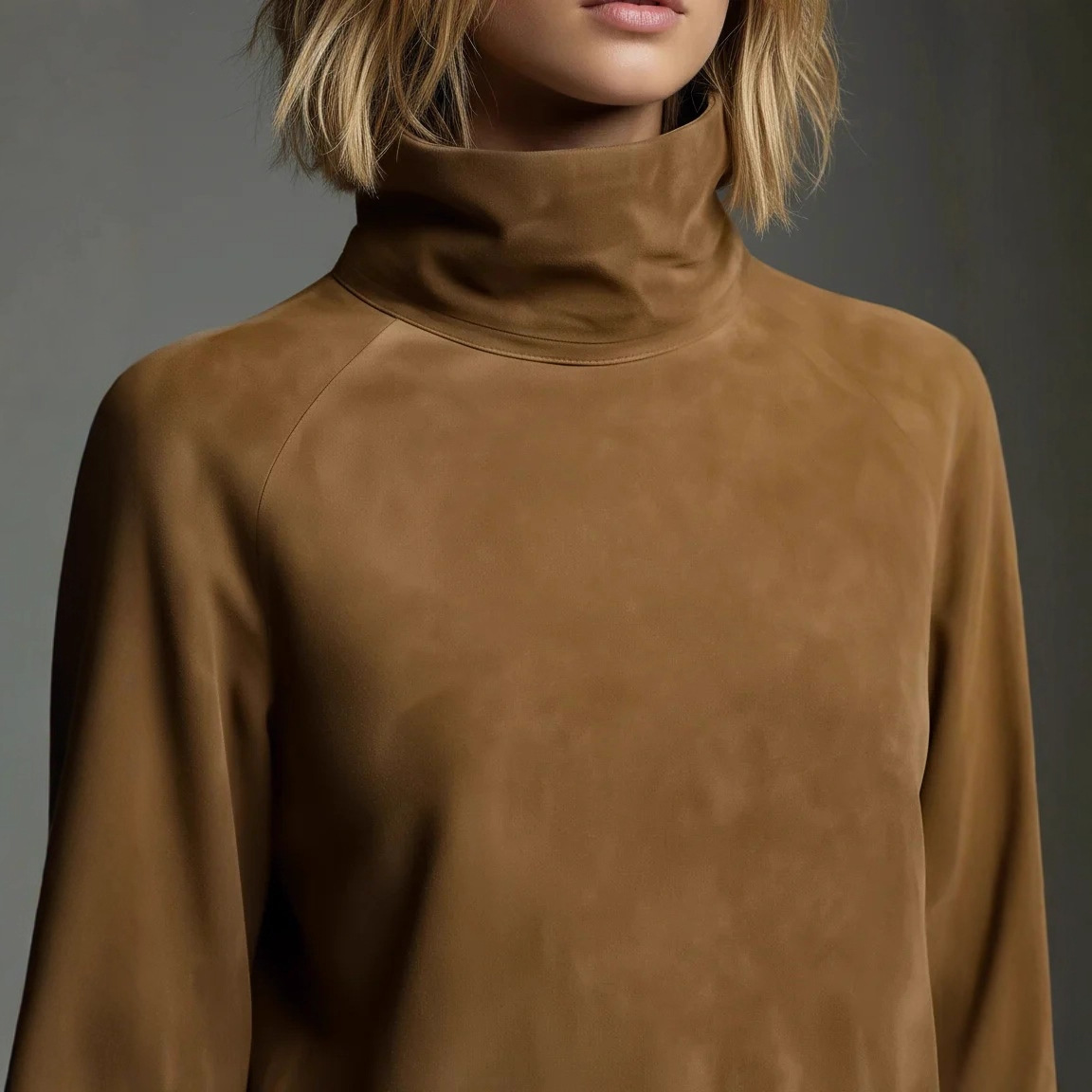 Faux Suede High Neck Long Sleeve Mini Dress with Pockets