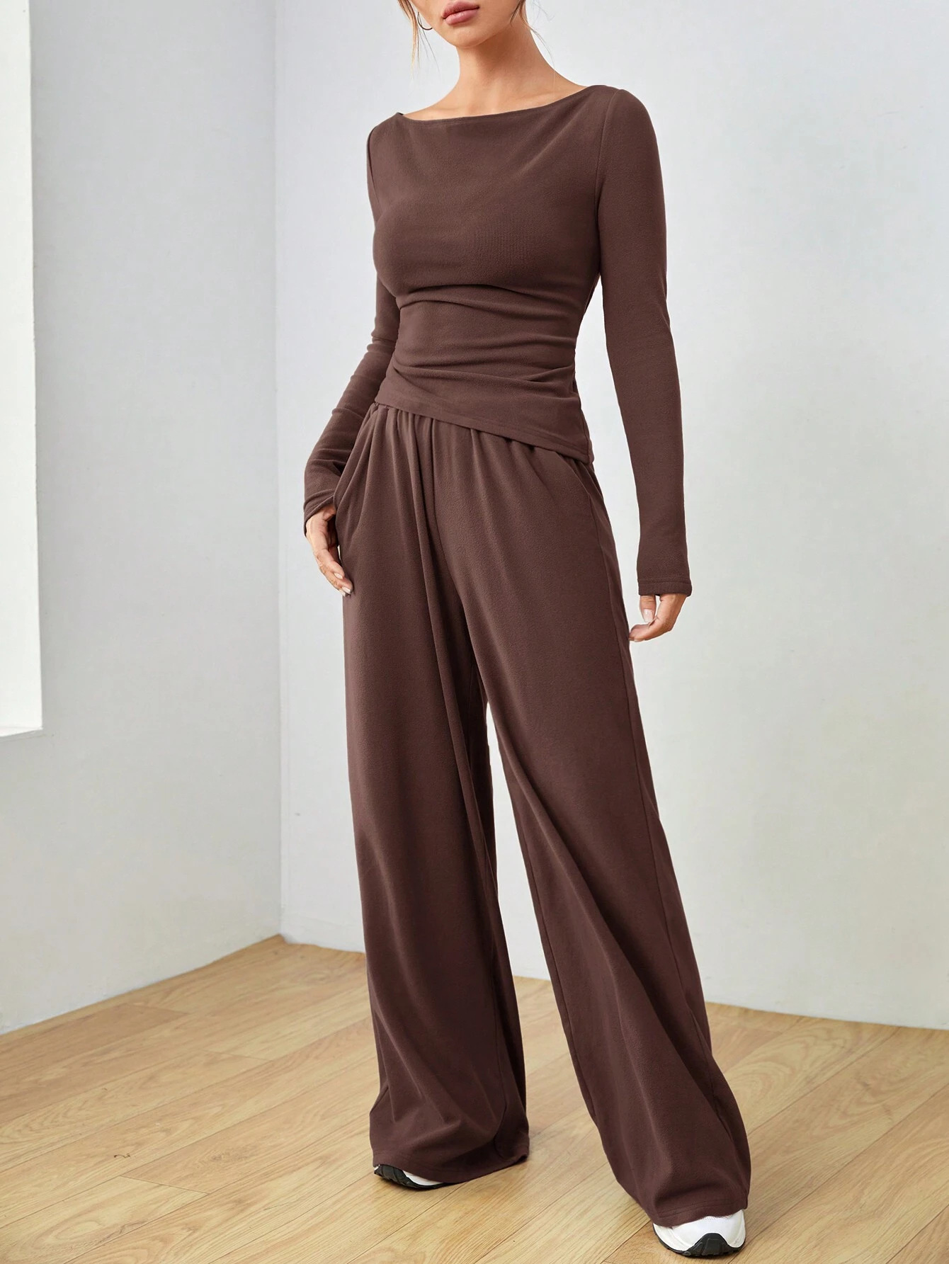 Women's Solid Color Long Sleeve Wide-Leg Pants Two-Piece Set