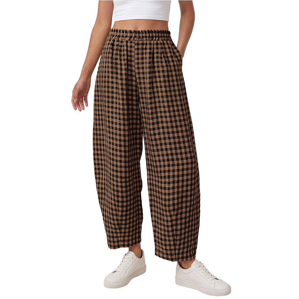 Plaid High-Waist Wide-Leg Cropped Pants with Pockets