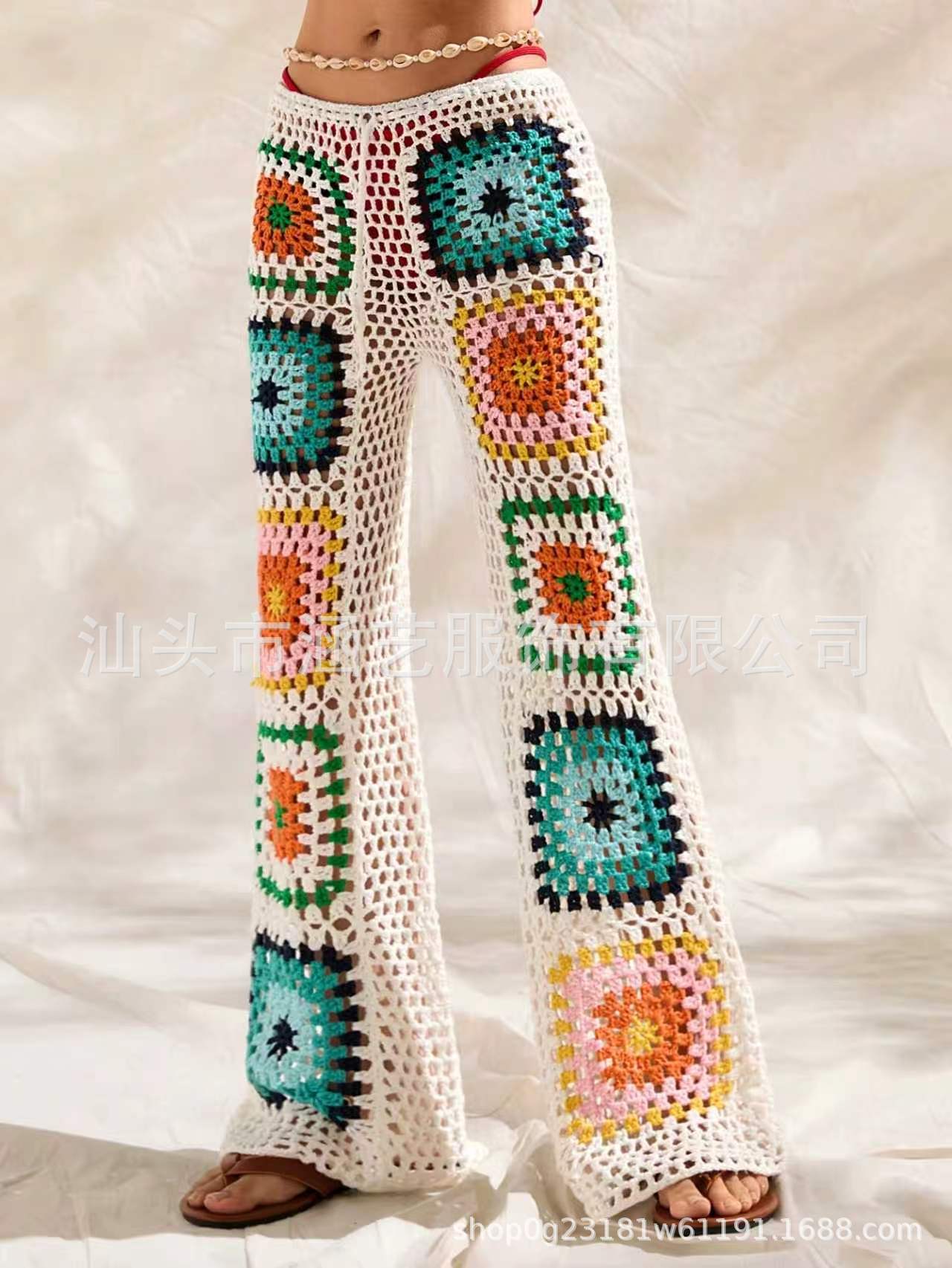 Hand-Crocheted Colorblock Openwork Wide-Leg Pants
