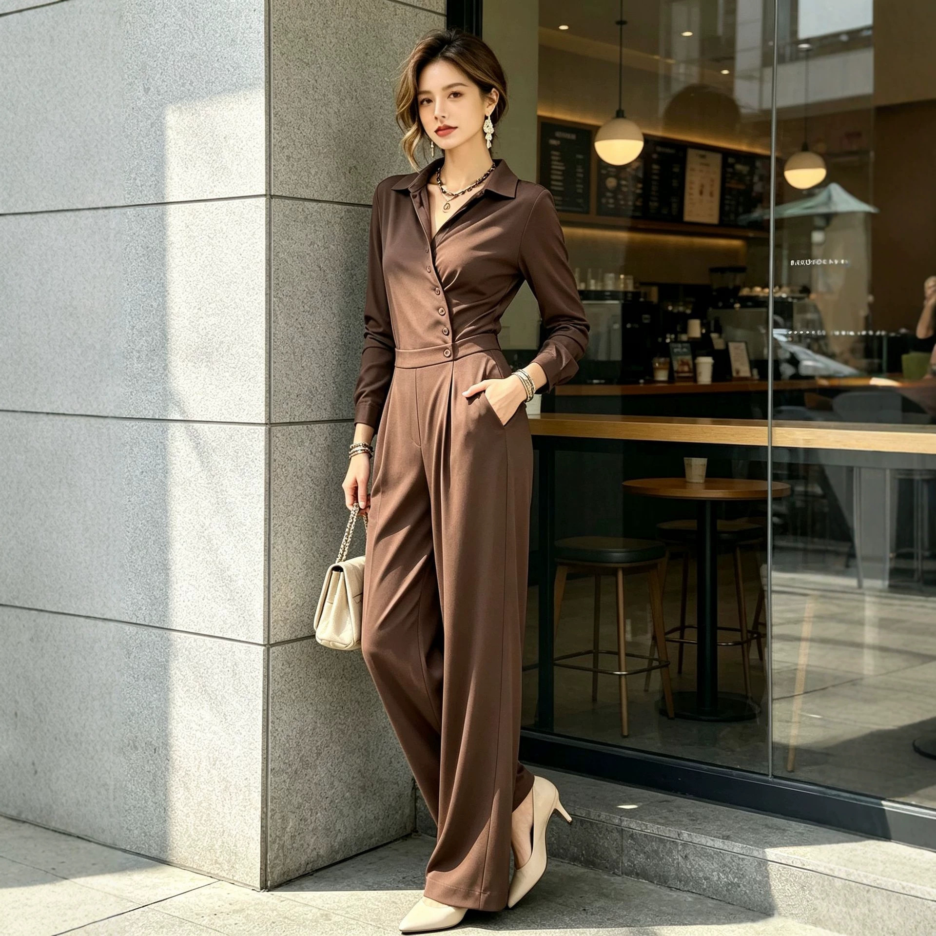 Minimalist High-Waist Long-Sleeve Jumpsuit