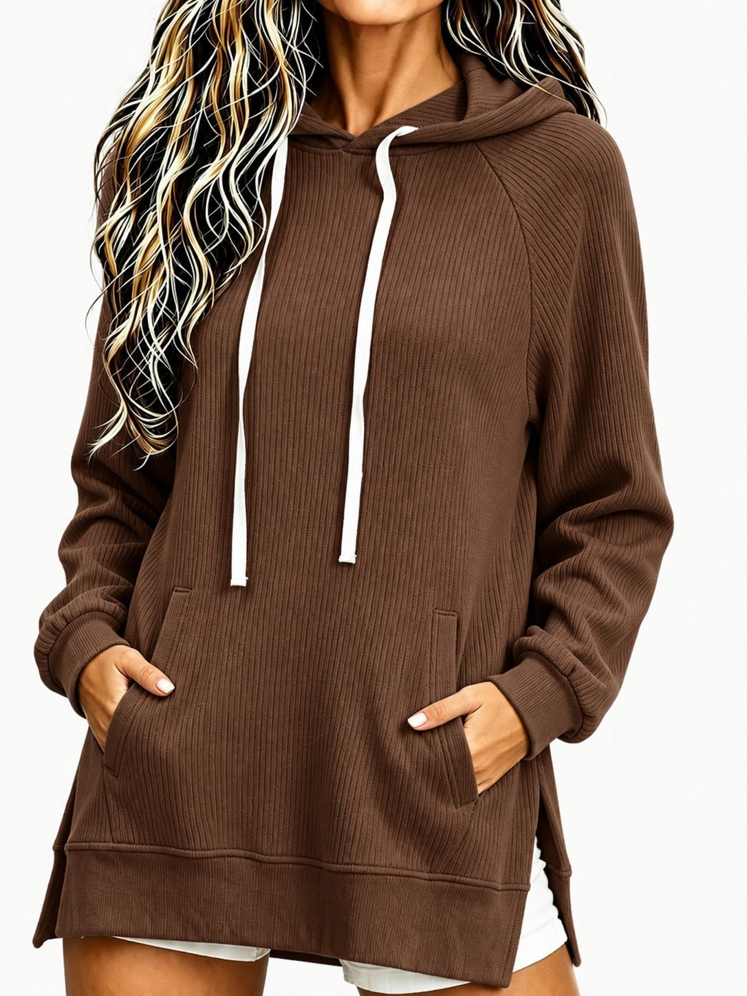 2026 Cross-Border European & American Women's Corduroy Hooded Sweatshirt Fall/Winter New Loose Mid-Length Pocket Pullover Top
