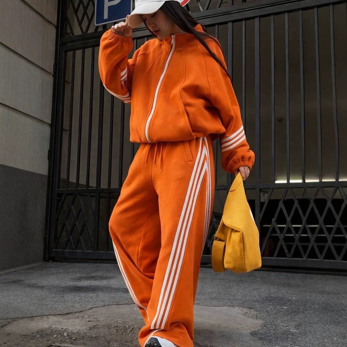 Color-Block Zip-Up Hooded Tracksuit with Classic 3-Stripe Two-Piece Set