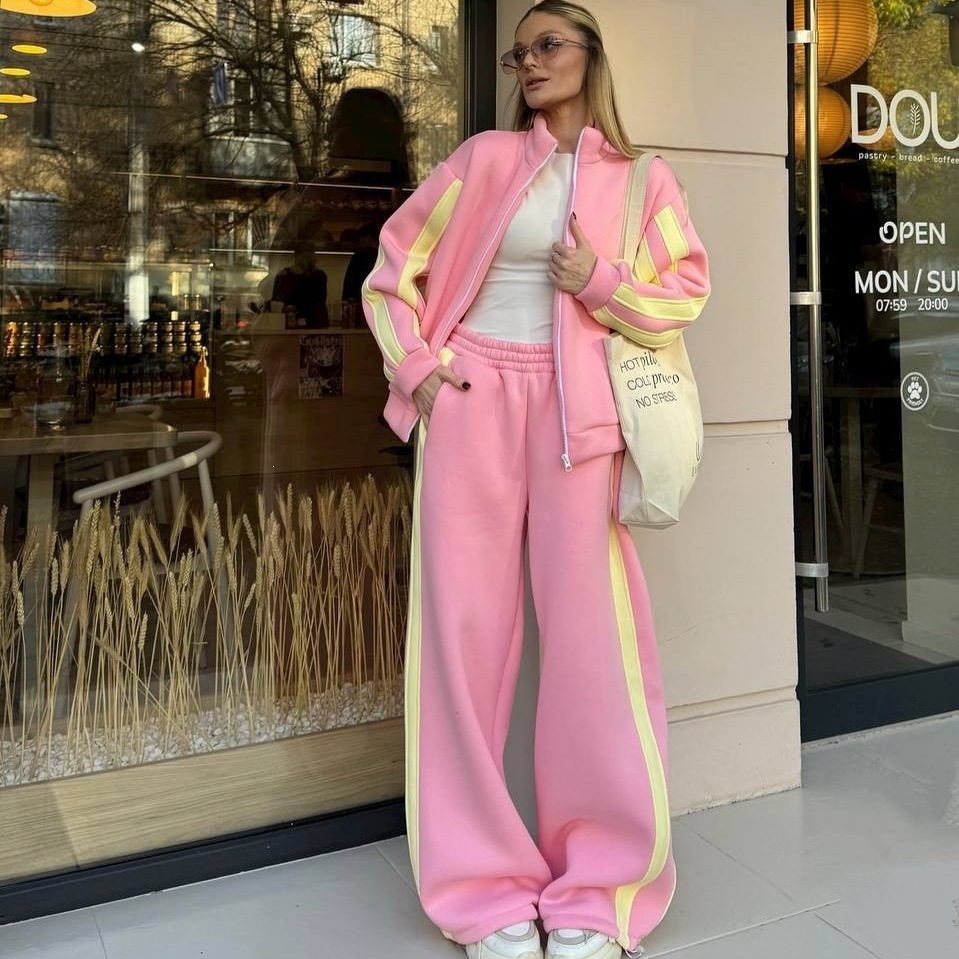 Women's Colorblock Zip-Up Stand Collar Cardigan & Striped Jogger Two-Piece Set