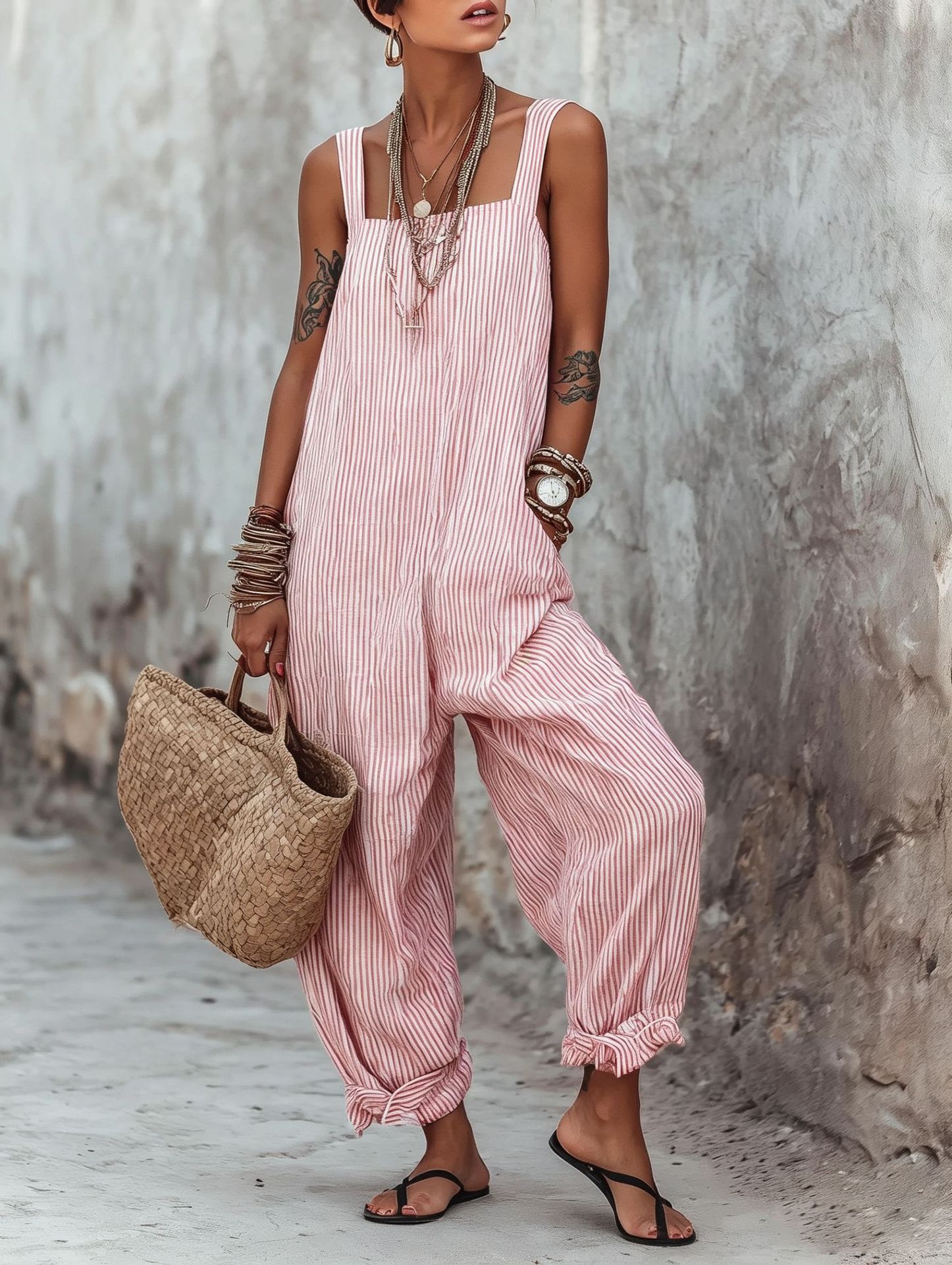 Women's Sleeveless Striped Print Loose Casual Jumpsuit