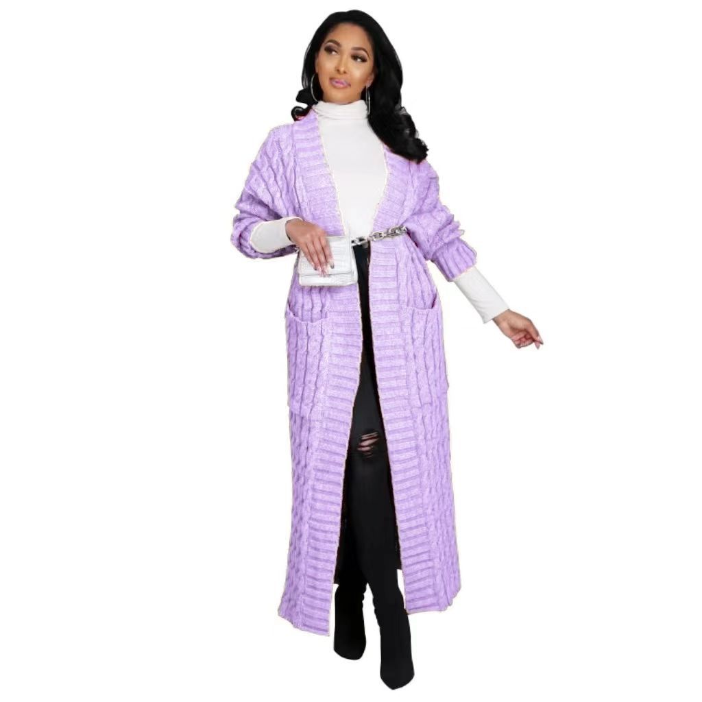 Cable-Knit Open-Front Long Cardigan with Pockets