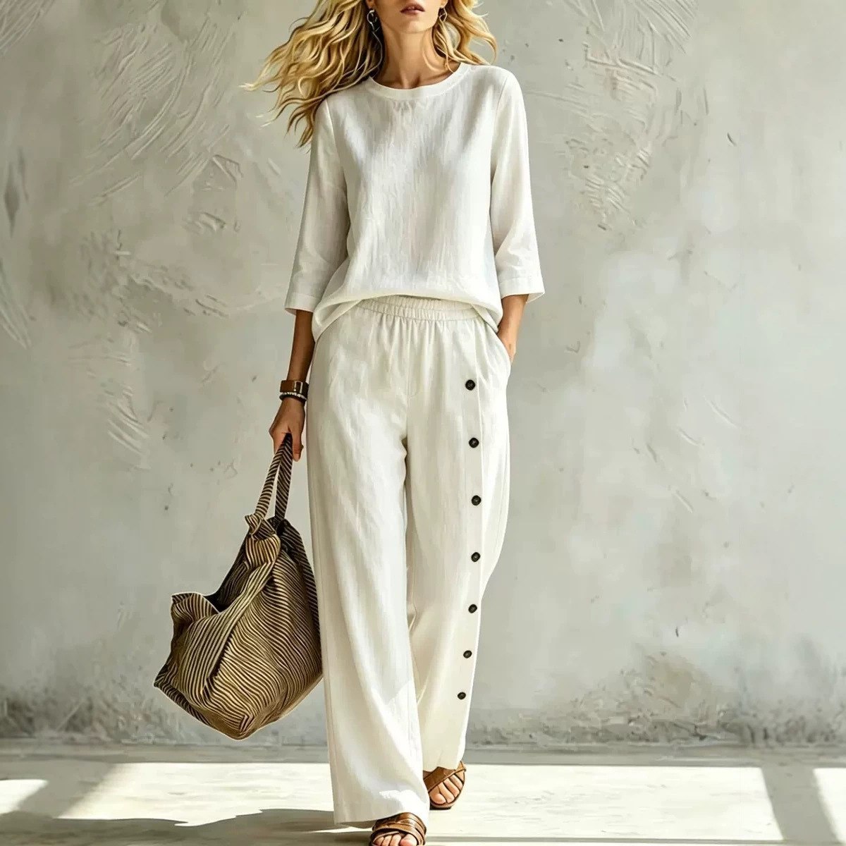Women's Solid Color Button-Detail Two-Piece Pants Set Casual Loose Fit