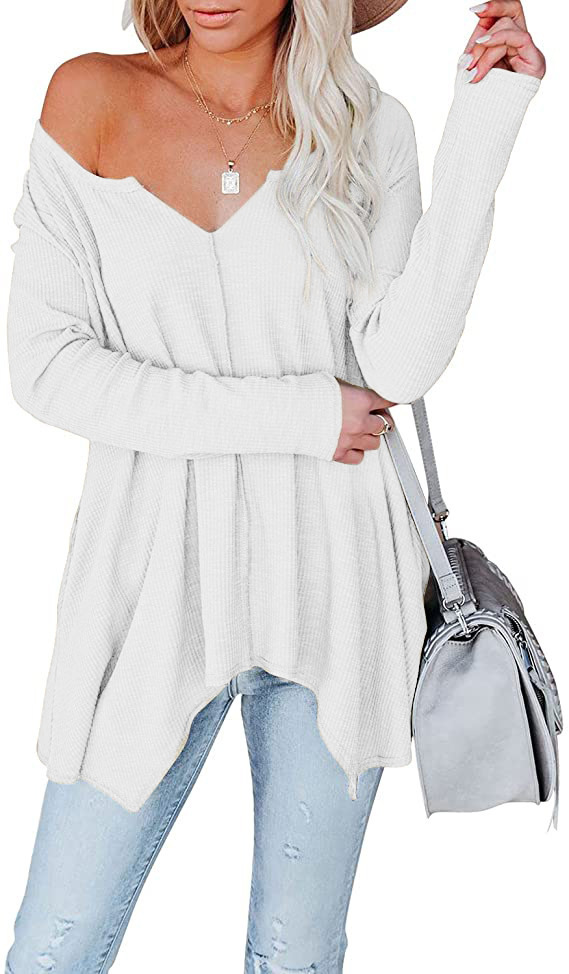 Women's Solid Color V-Neck Pullover Knit Top Long Sleeve Loose Fit