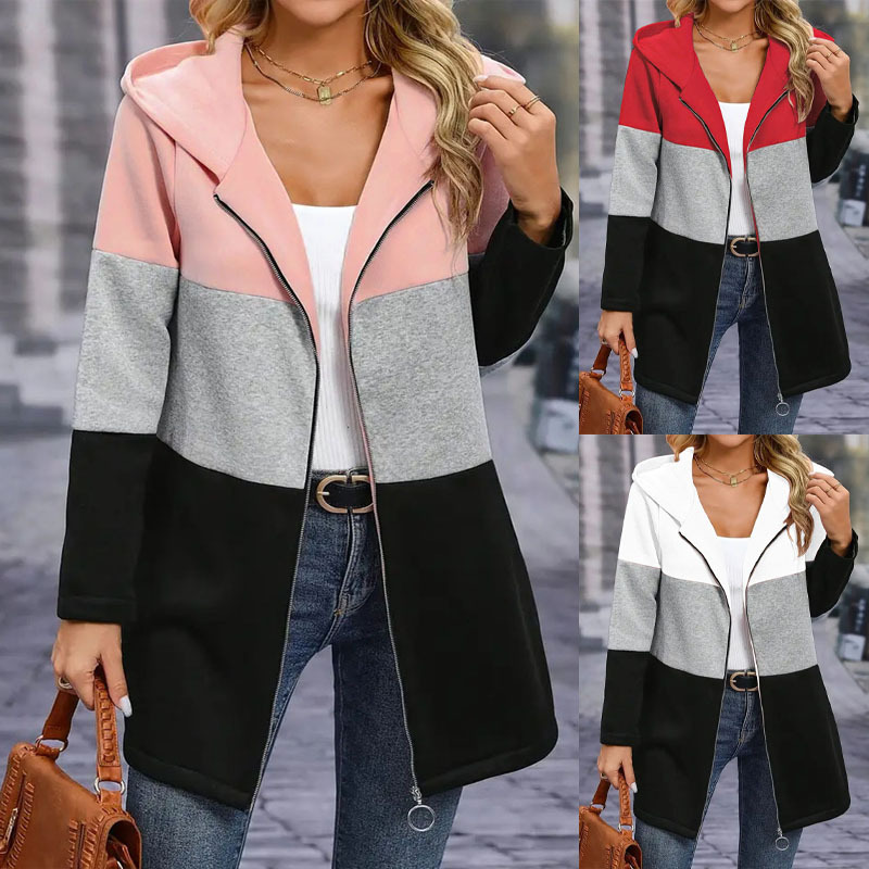 Women's Casual Loose Color-Block Three-Tone Hooded Zip Jacket