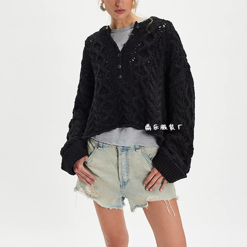 Cable-Knit Button-Trim Pullover Sweater