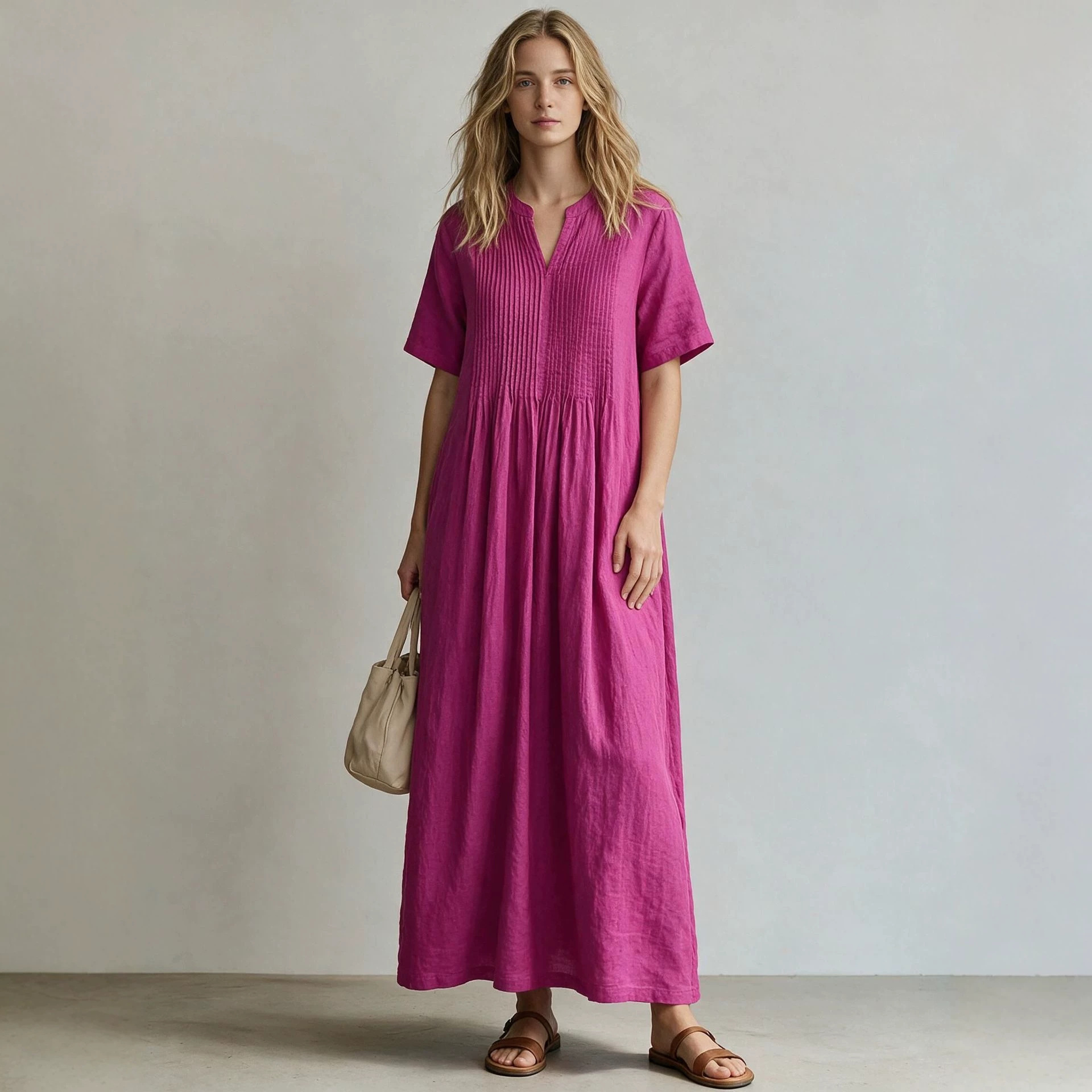 Women's V-Neck Short Sleeve Pleated Cotton Linen Midi Dress