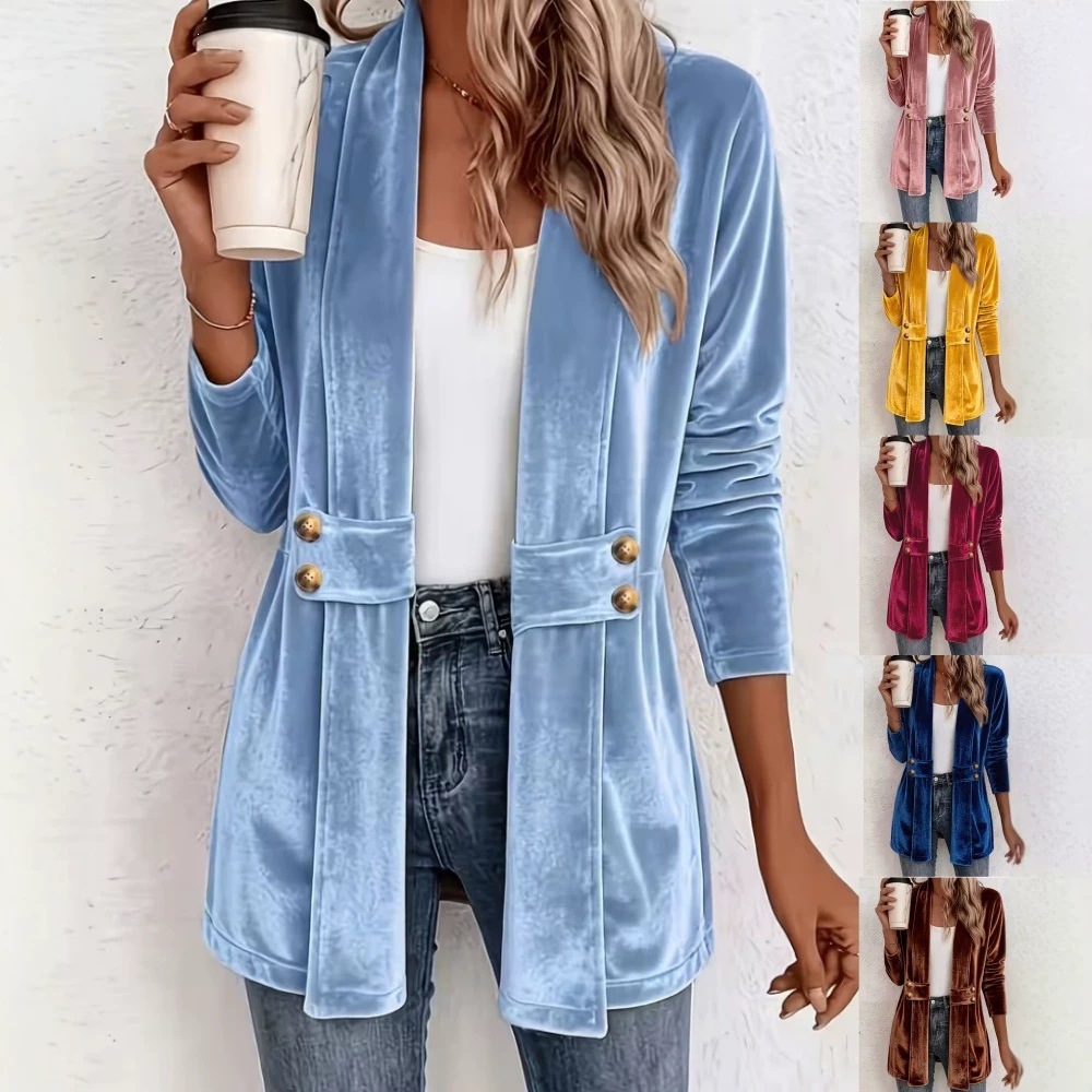 Women's Double-Breasted Velvet Cardigan Lazy Style Mid-Length Top