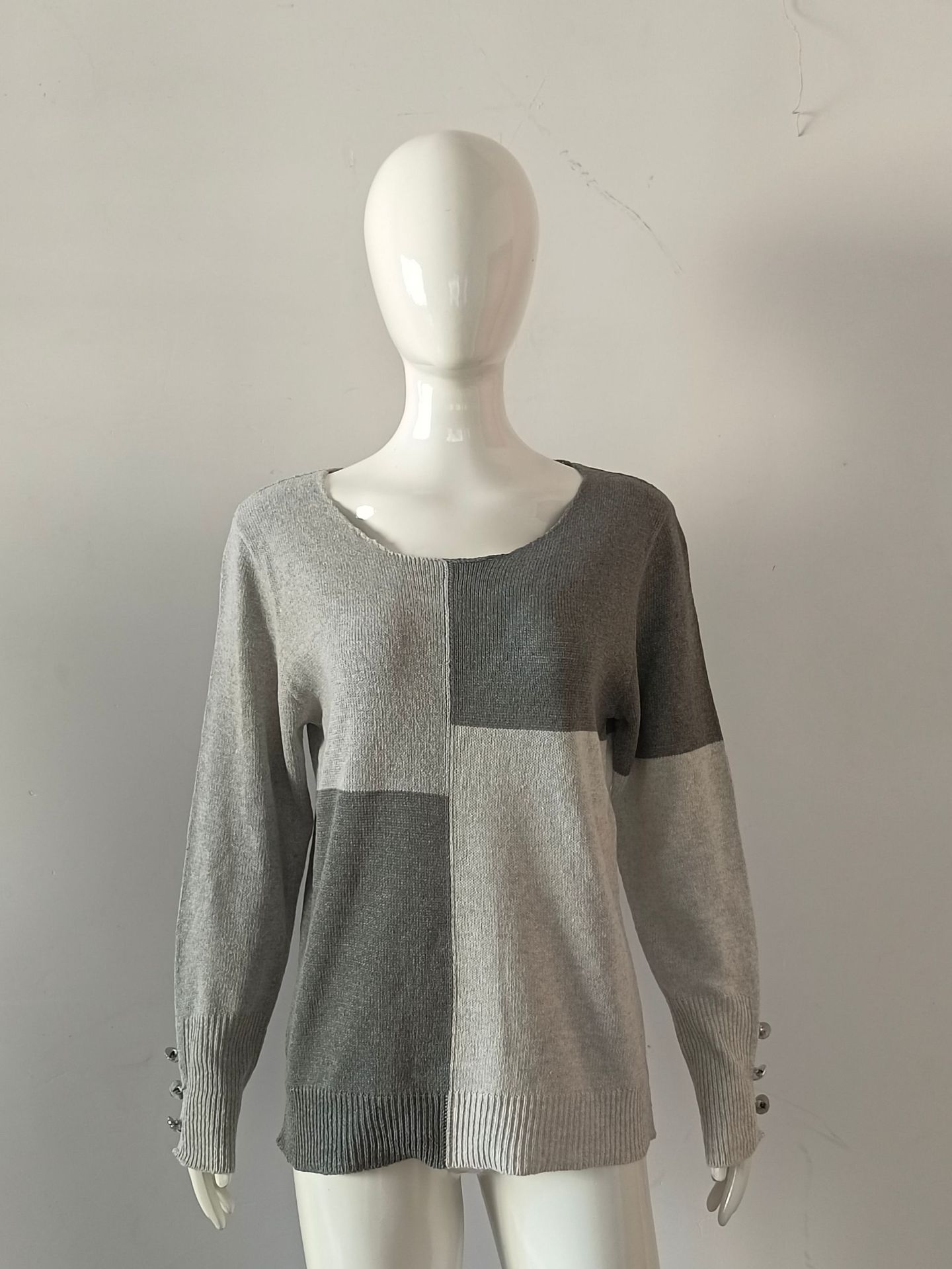 Women's Color-Block Crewneck Knit Sweater Loose Casual Pullover