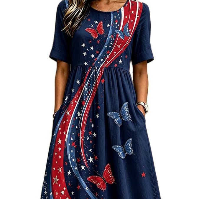 Women's Elegant Butterfly Line Print Pleated Midi Dress