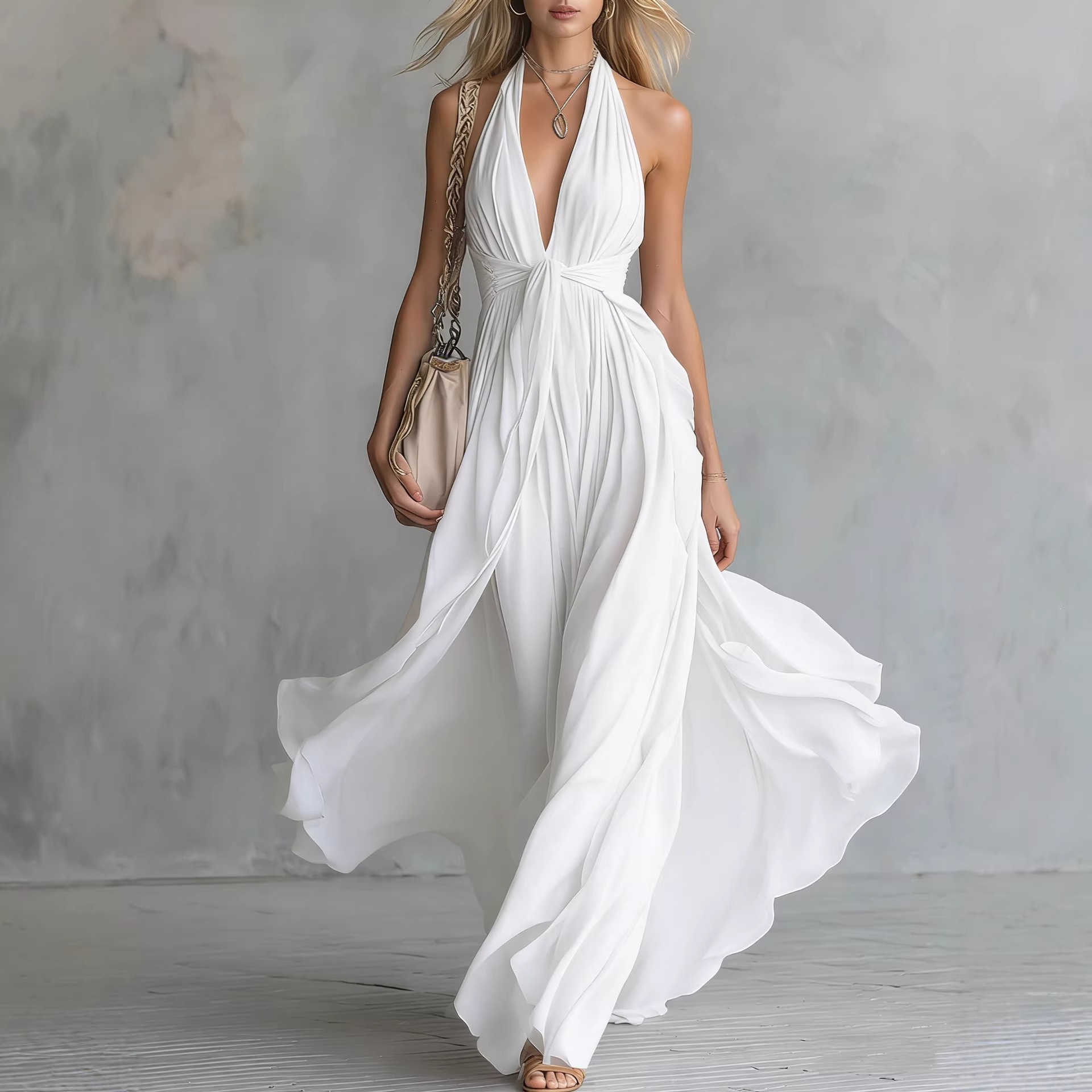 Women's Sexy Solid V-Neck Sleeveless High-Waist Midi Dress Vacation Style