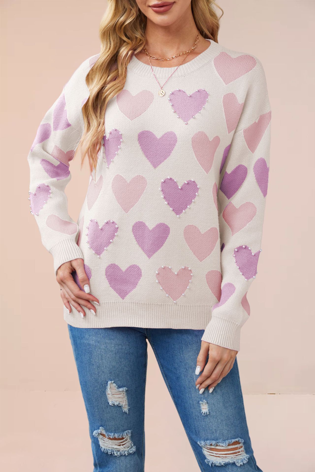 Beaded Heart Crewneck Knit Sweater for Women