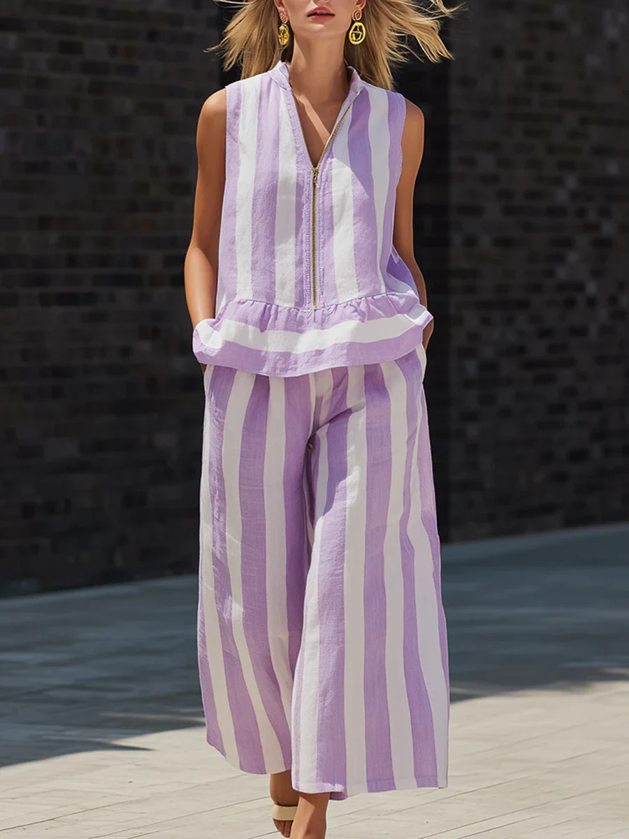 Women's Sleeveless Zip-Up Collared Shirt and Striped Pants Two-Piece Set