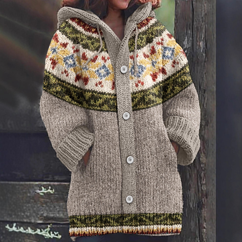 Women's Colorful Animal Print Hooded Button Cardigan Sweater