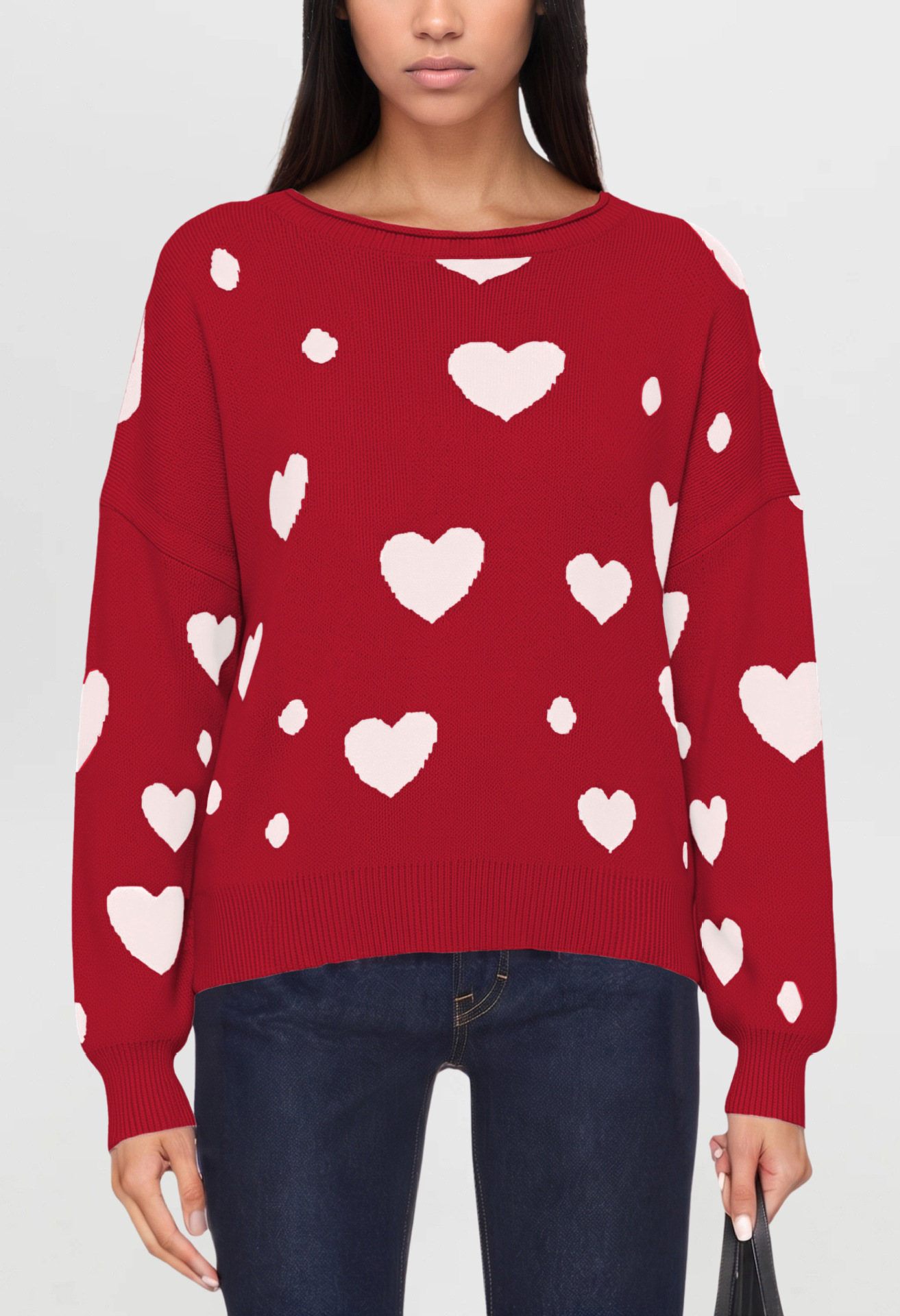 Heart Pattern Knit Sweater Women's Pullover Loose Fit Crew Neck Long Sleeve