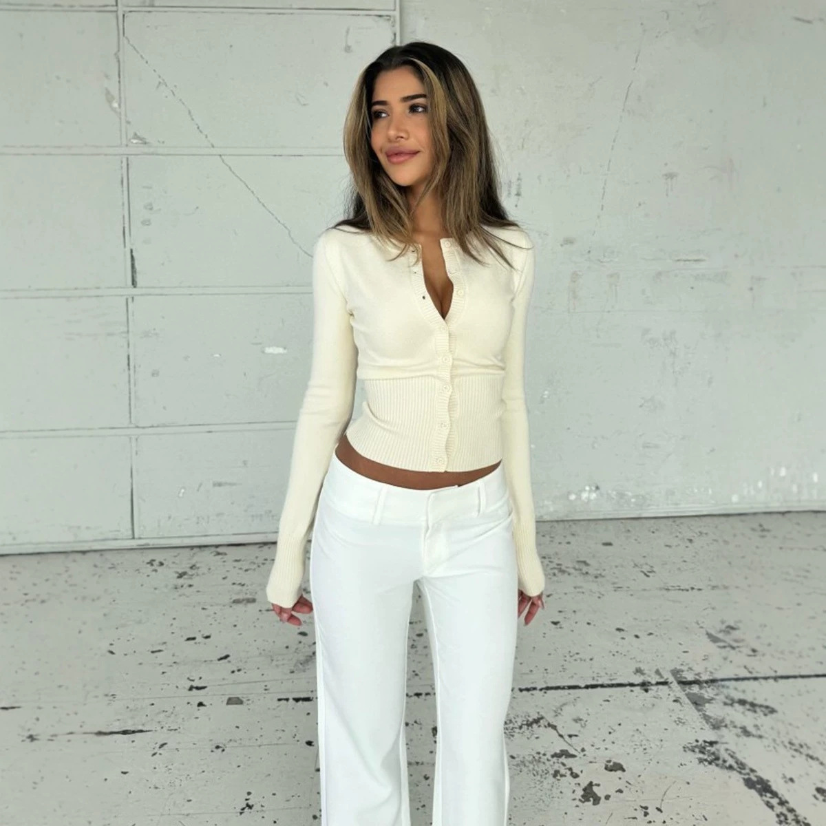 Solid Knit Cardigan Sweater Coat Button-Down Crew Neck Long Sleeve