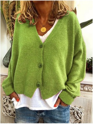 Solid V-Neck Knit Top with Front Button Detail, Loose Cropped Long Sleeve
