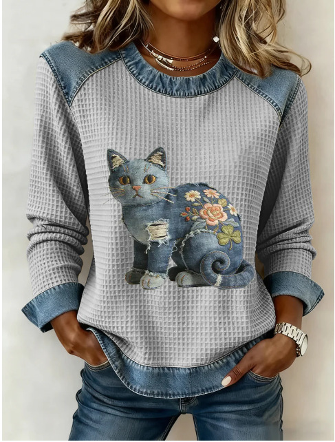 Women's Leopard Print Crewneck Sweatshirt Waffle Knit Long Sleeve