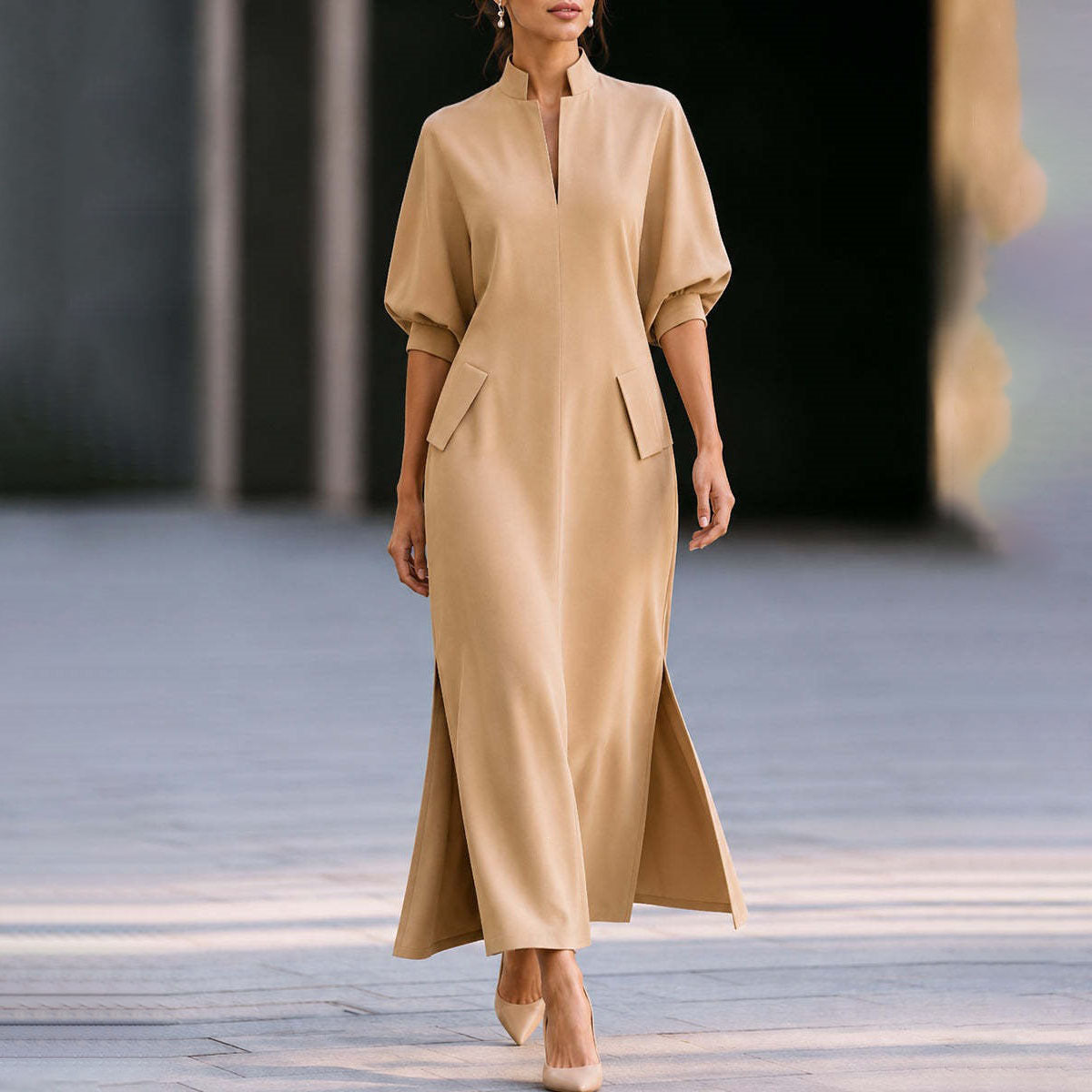 Elegant Stand Collar Lantern Sleeve High Slit Midi Dress