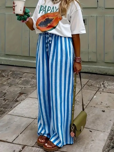 Women's Loose Straight-Leg Striped Print Pants Casual Colorblock