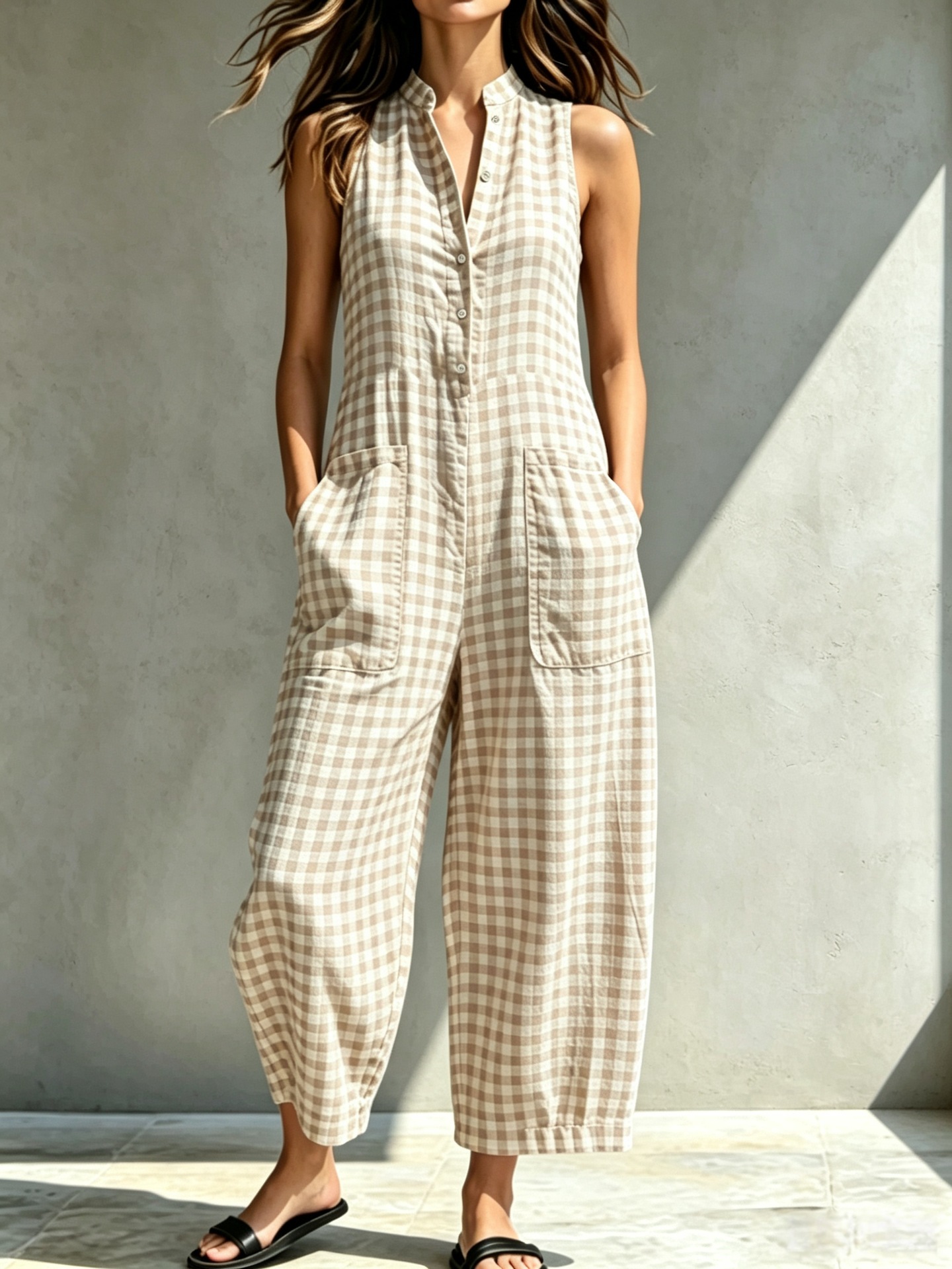 Women's Sleeveless Stand Collar Pocket Jumpsuit