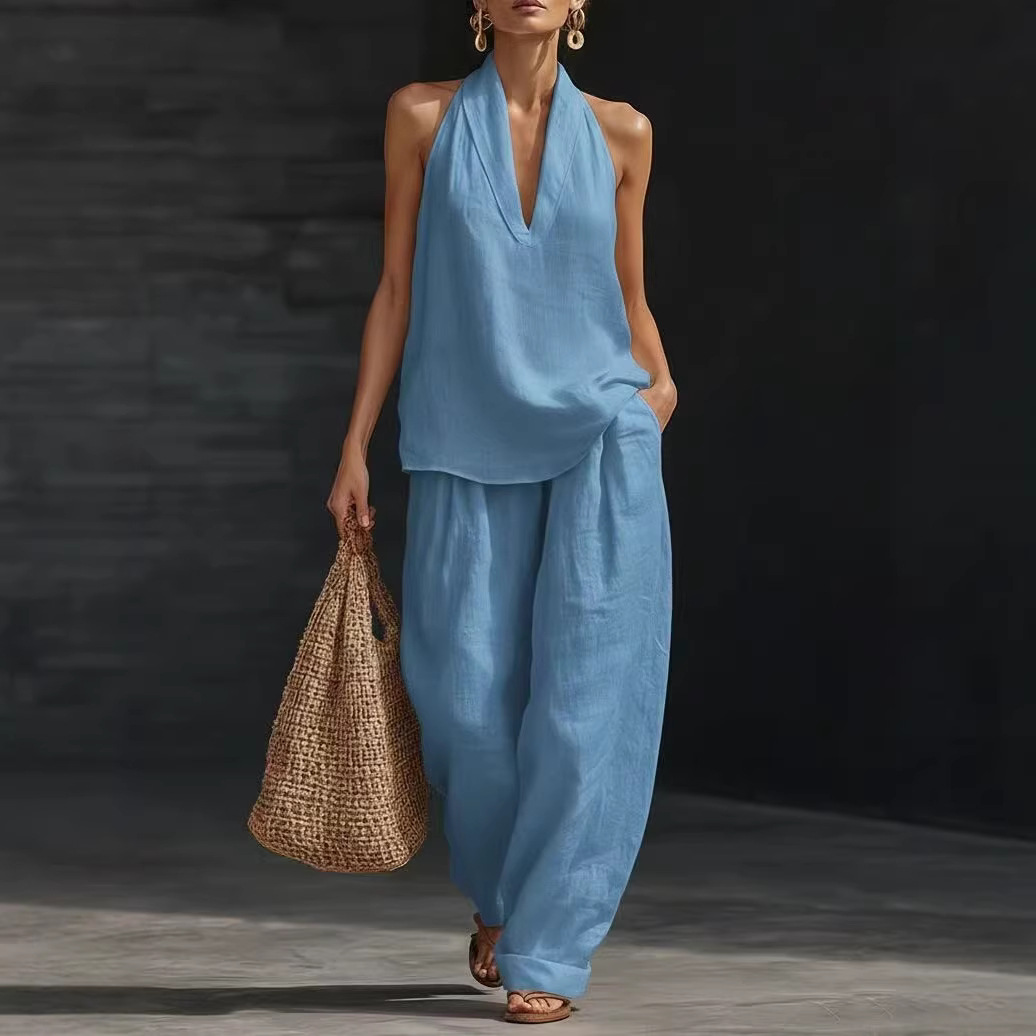 French-Style Halter V-Neck Open-Back Top & Wide-Leg Pants Set