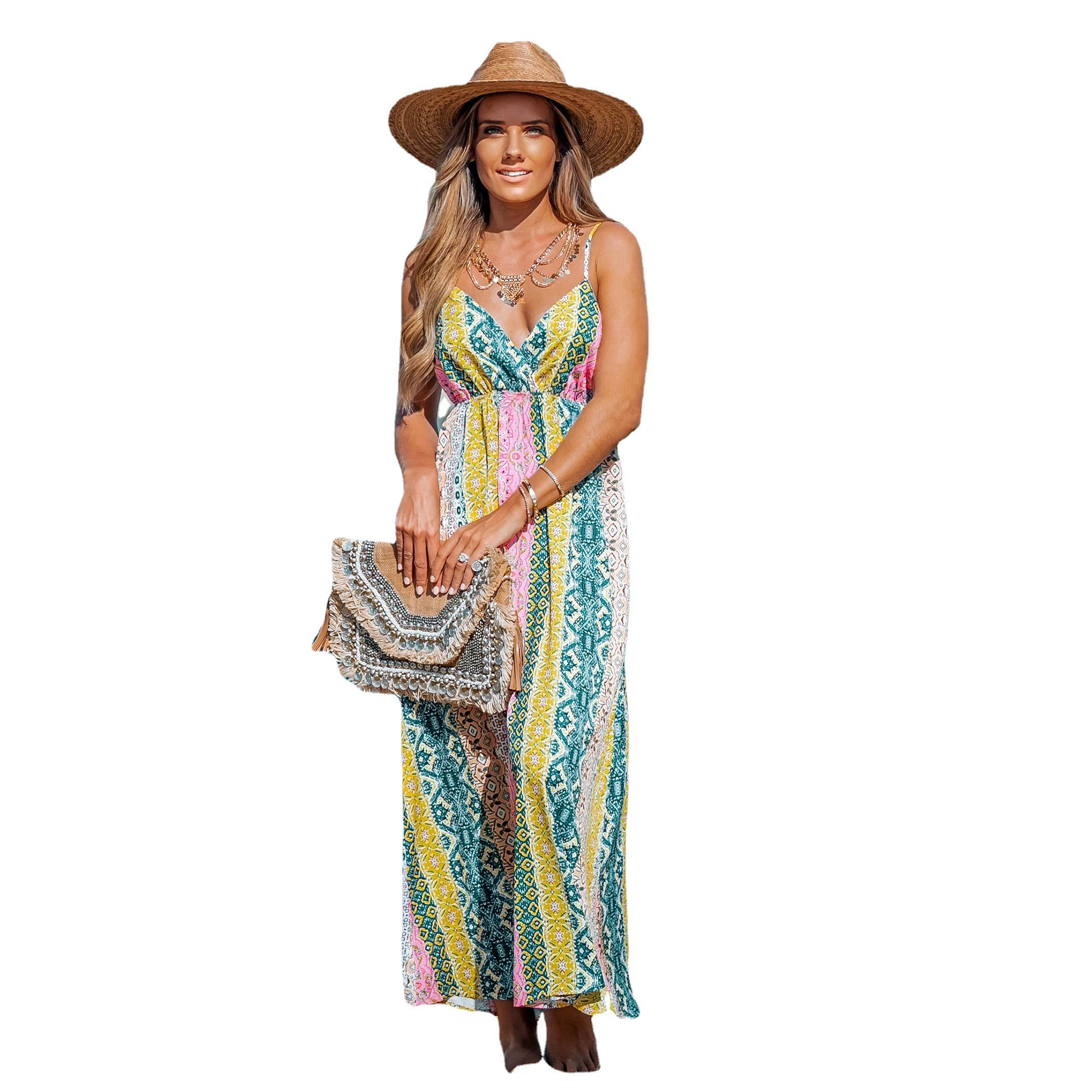 V-Neck Open-Back Cami Printed Maxi Dress