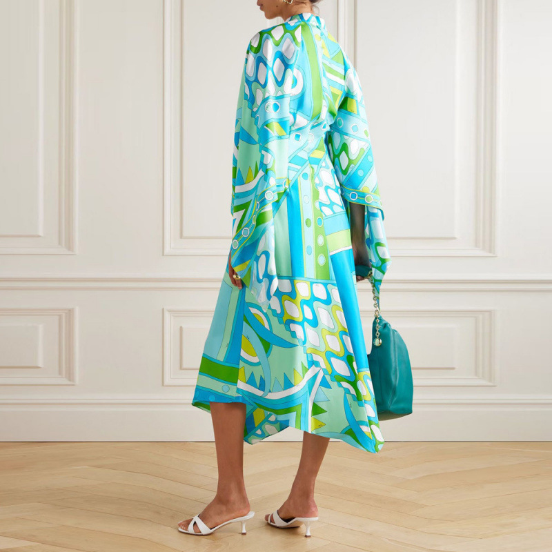 Printed Long Sleeve Stand Collar Loose Dress