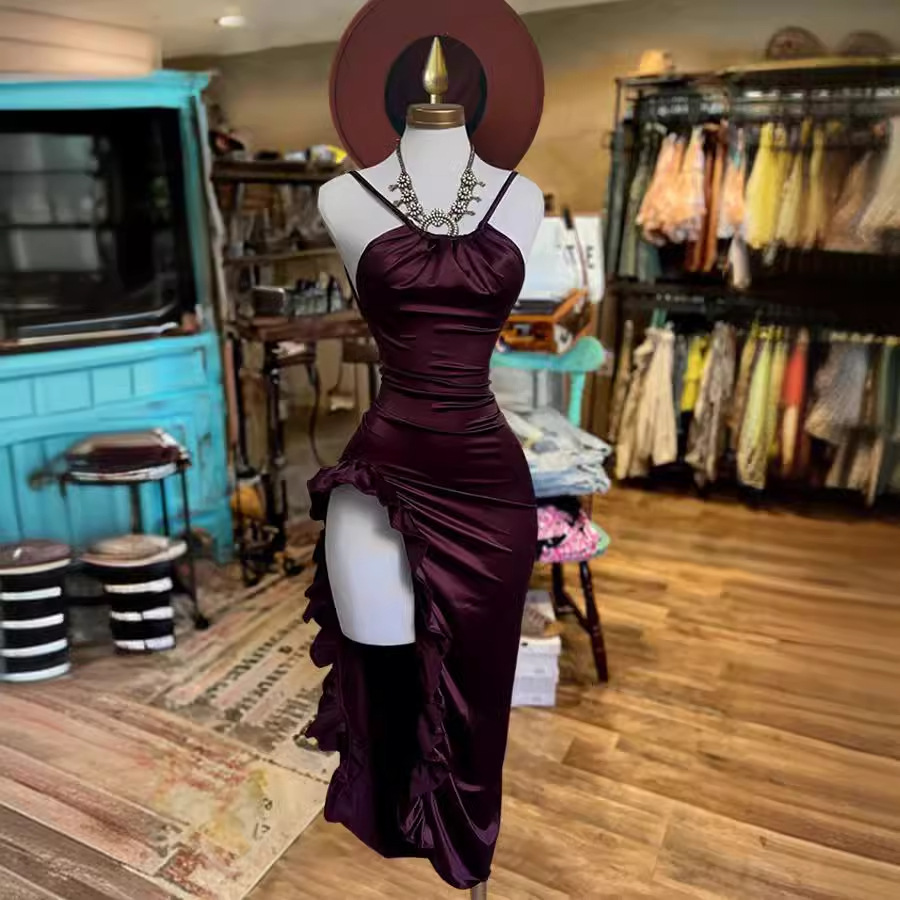 Women's Sleeveless Satin Bodycon Dress with High Slit and V-Neck