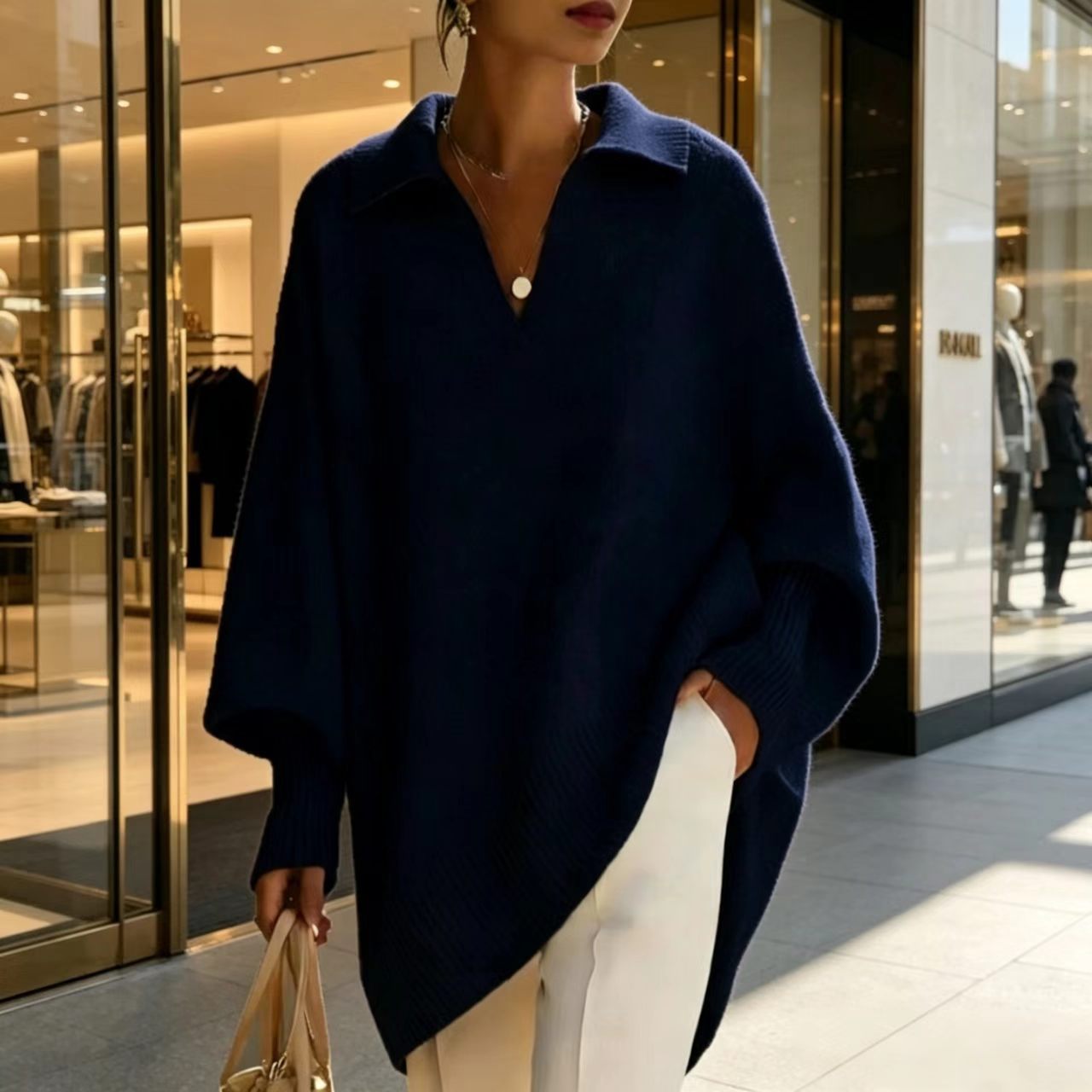 Women's Solid Color Long Sleeve V-Neck Loose Knit Sweater