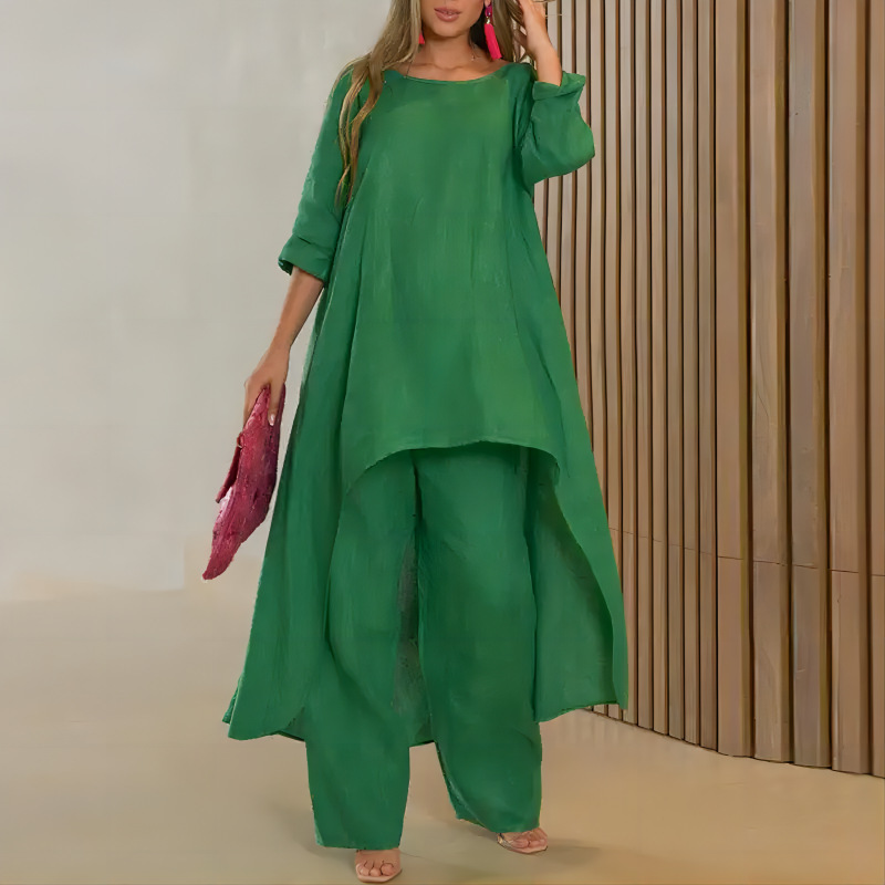 Women's Cotton-Linen Asymmetric Long-Sleeve Wide-Leg Two-Piece Set