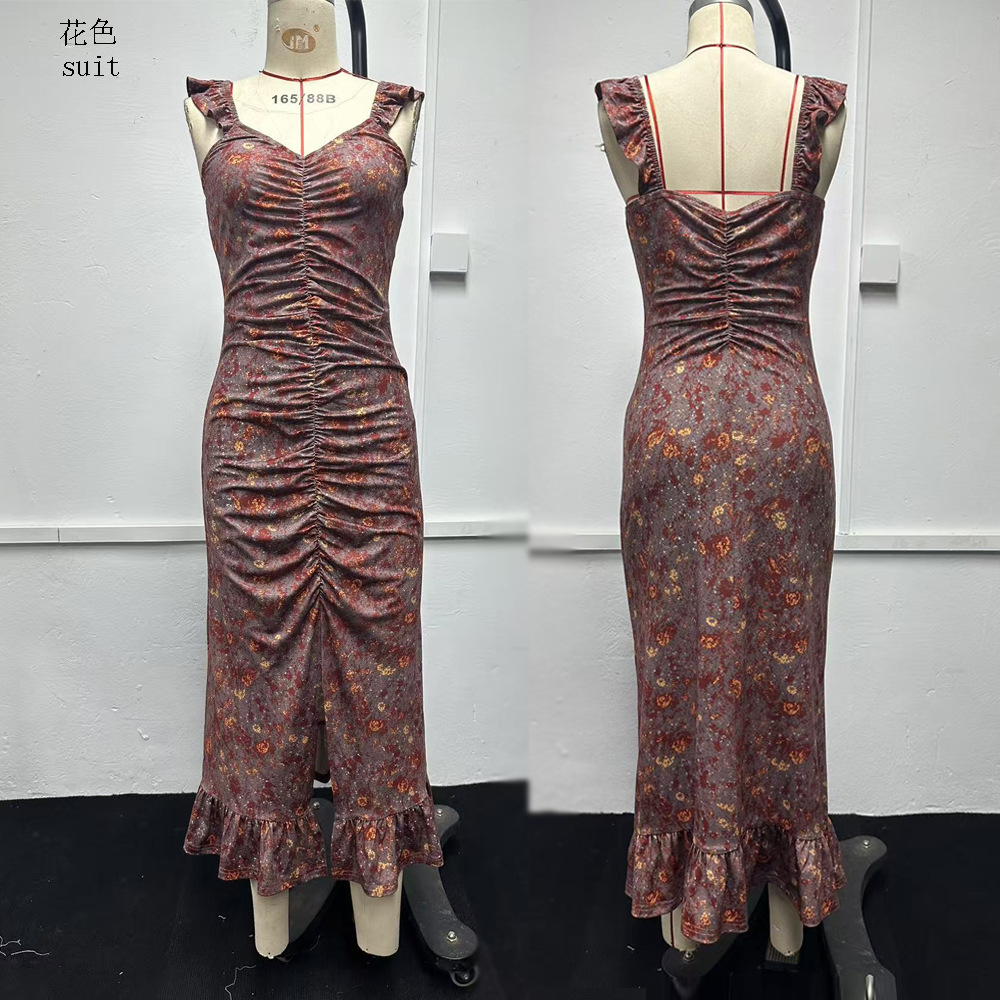 Bohemian Vintage Print High-Slit Fitted Midi Dress with Square Neck