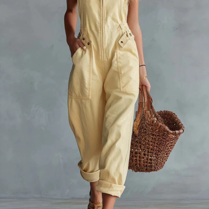 Women's Vintage Square Neck Front Zip Denim Jumpsuit