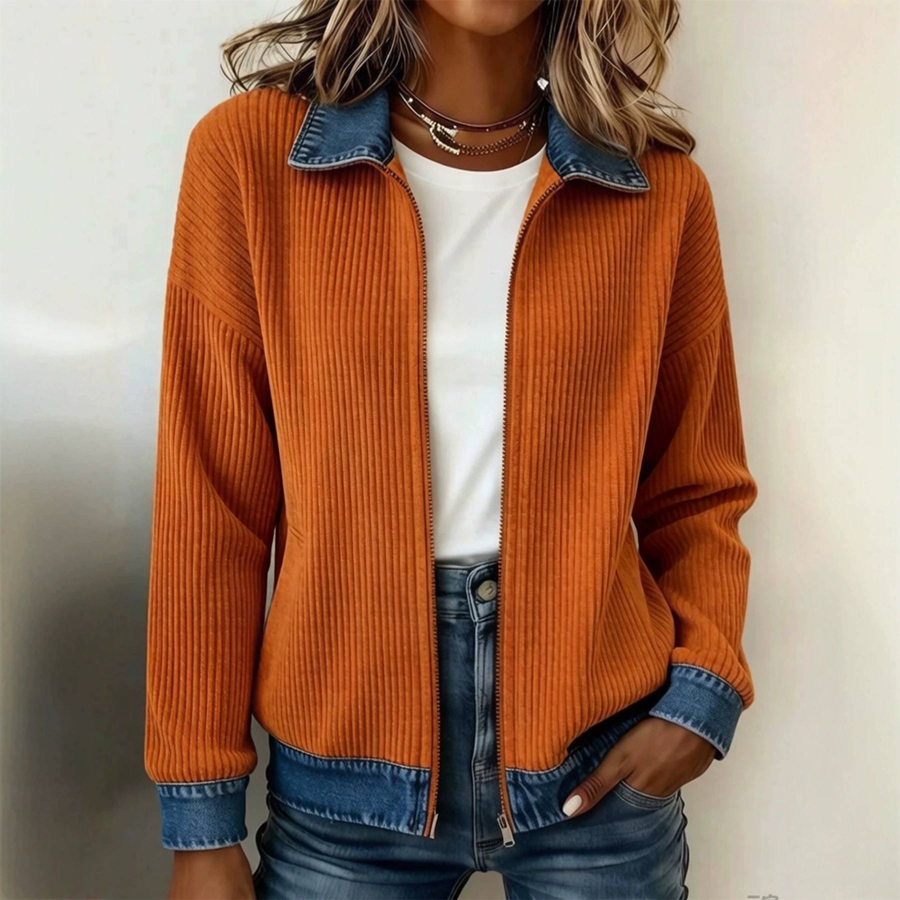 Women's Knit Denim Patchwork Button-Front Shirt Jacket