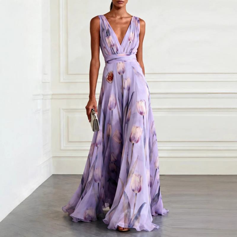 Blue Tulip Print Sleeveless V-Neck Maxi Dress